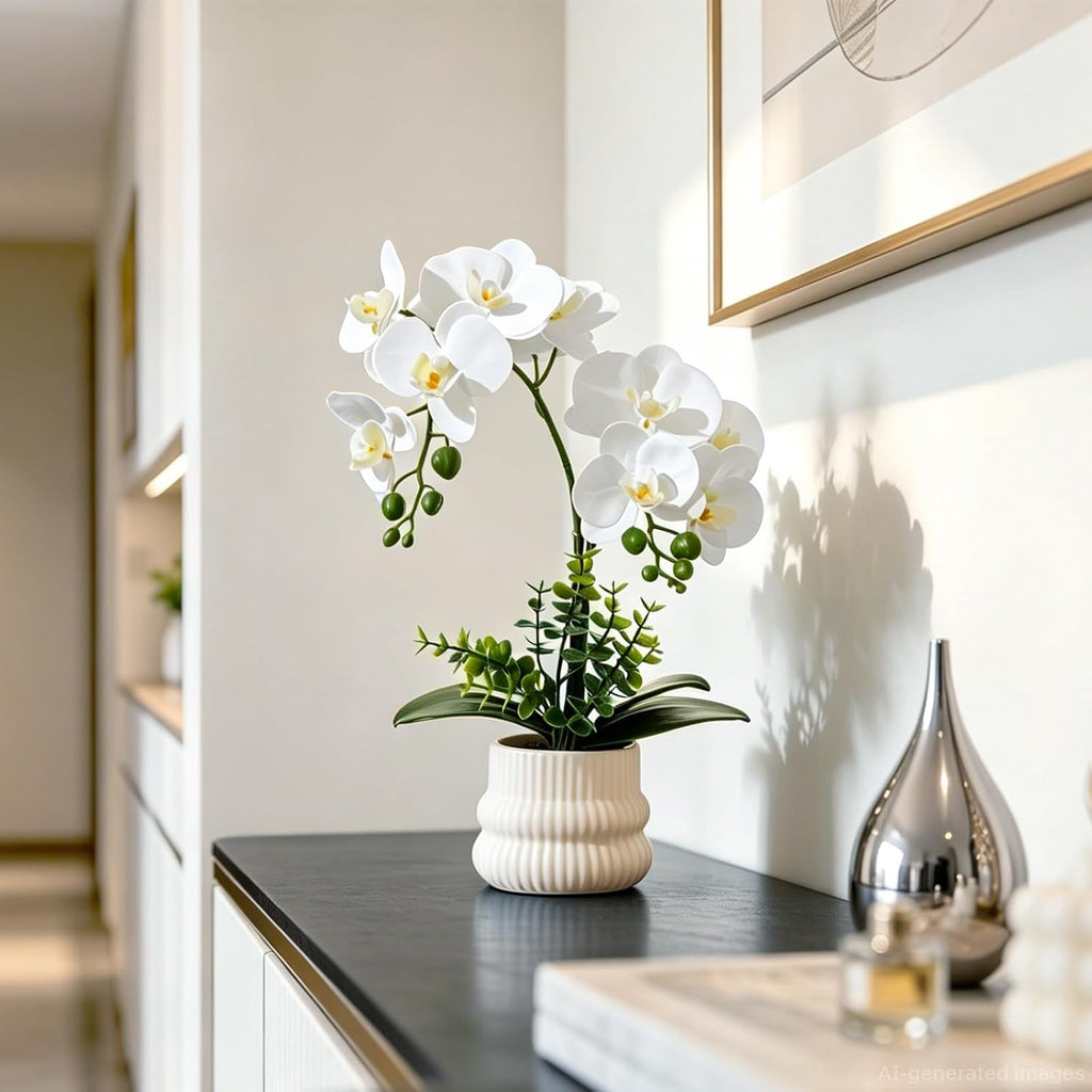 White Artificial Orchid Plant with Pot, Fake Orchids Flowers - Set of 30