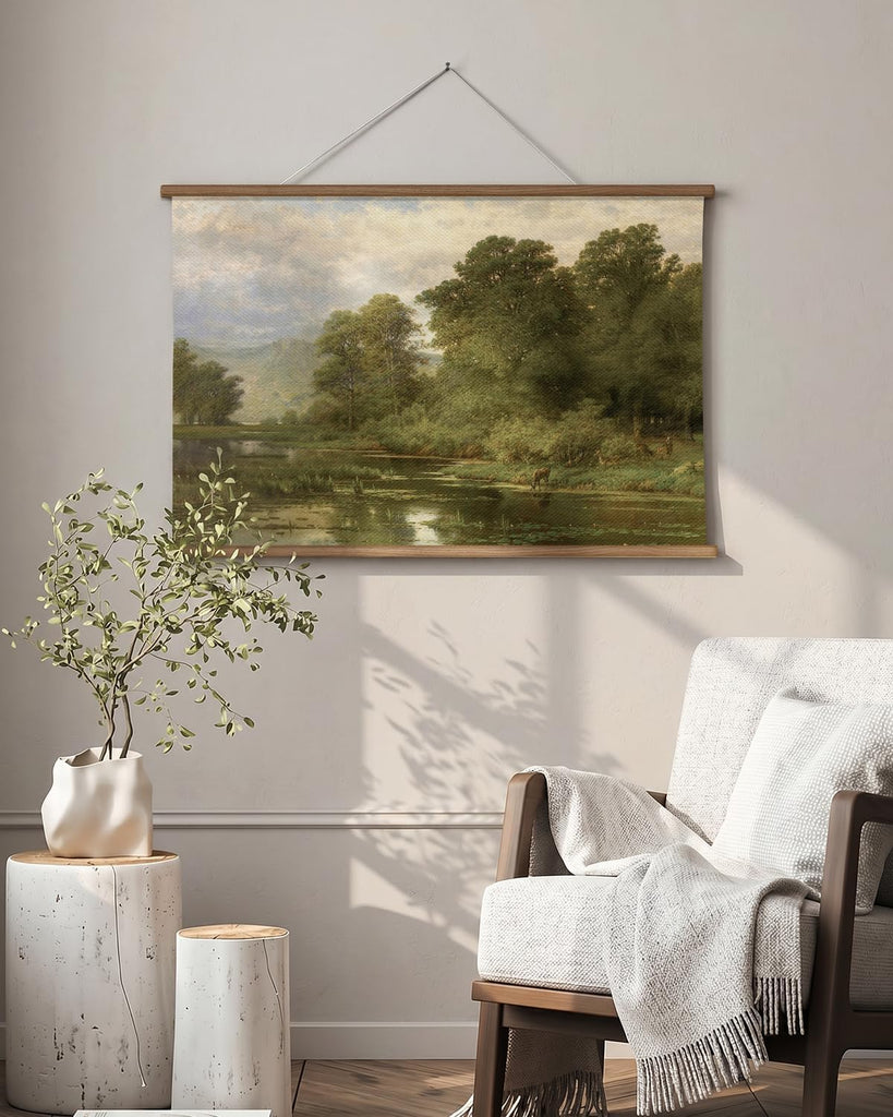 Large Landscape Canvas Wall Art , Vintage Forest Lake Painting Hanging Scroll, Rustic Nature Wall Decor with