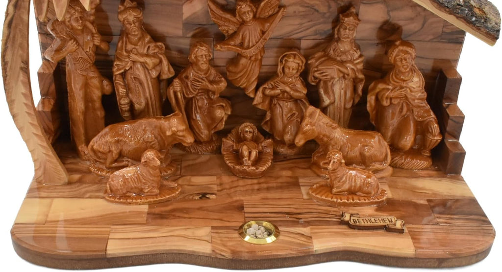 Olive Wood Nativity Set with Music Box - Hand Carved in Bethlehem | Holy Land Christmas Manger Scene | Religious Gift