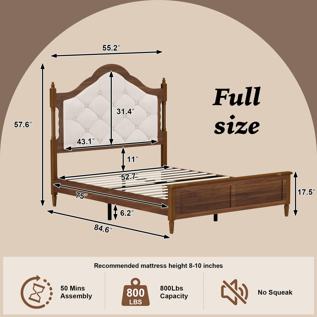 Vintage Platform Bed, Bed Frame with Upholstered Headboard