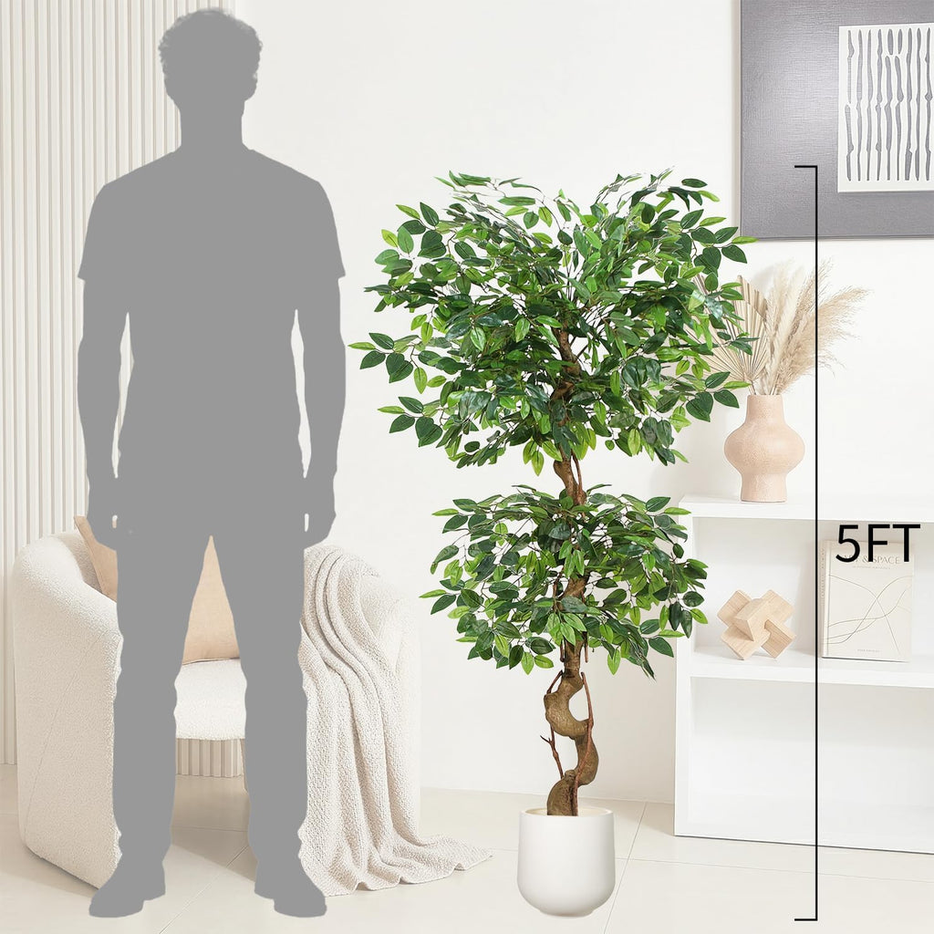 5FT Artificial Ficus Tree,Large Fake Tree with White Planter, Tall Faux Ficus Tree with Lifelike Leaves and Realistic