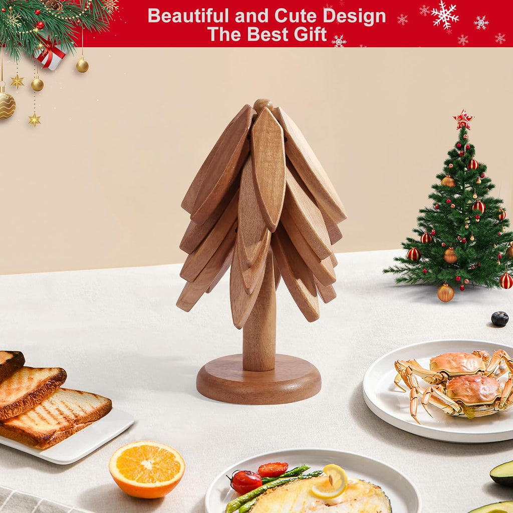 OKOM Wooden Trivets for Hot Dishes - 4+ Tree Shape Set, Foldable Hot Pot Holders Decor and Use (Beech) - Set of 5