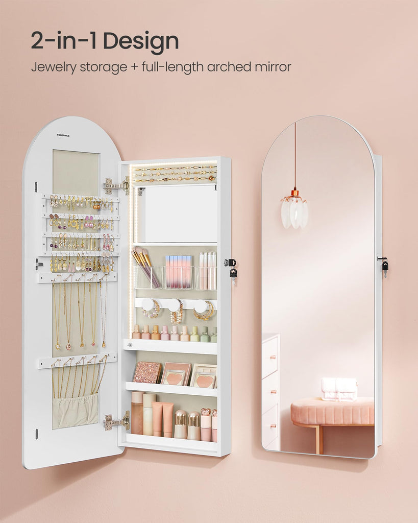 Wide Jewelry Organizer, Wall/Door Mounted, LED Cabinet, Lockable