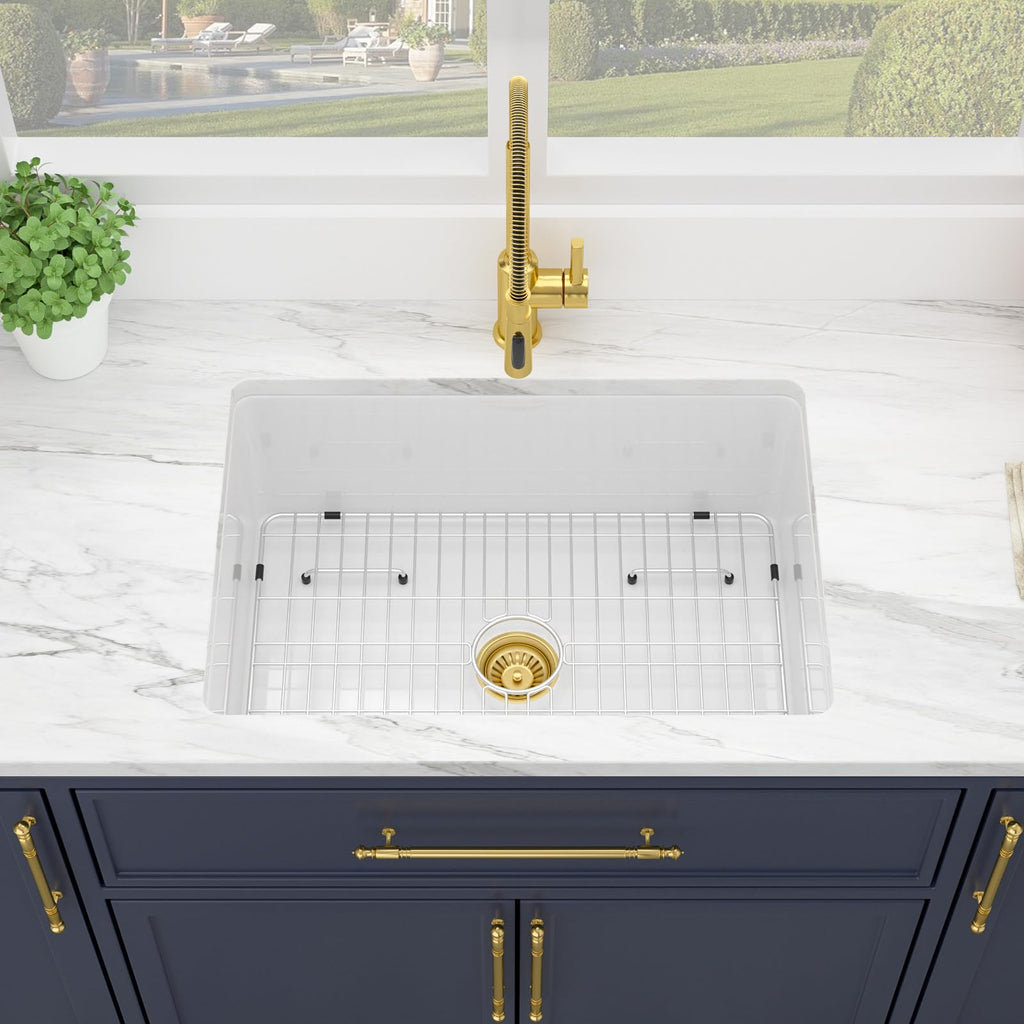 27 Inch White Undermount Sink Fireclay 27x19 Inch Dual Drop in & Undermount Single Bowl Deep Porcelain Ceramic