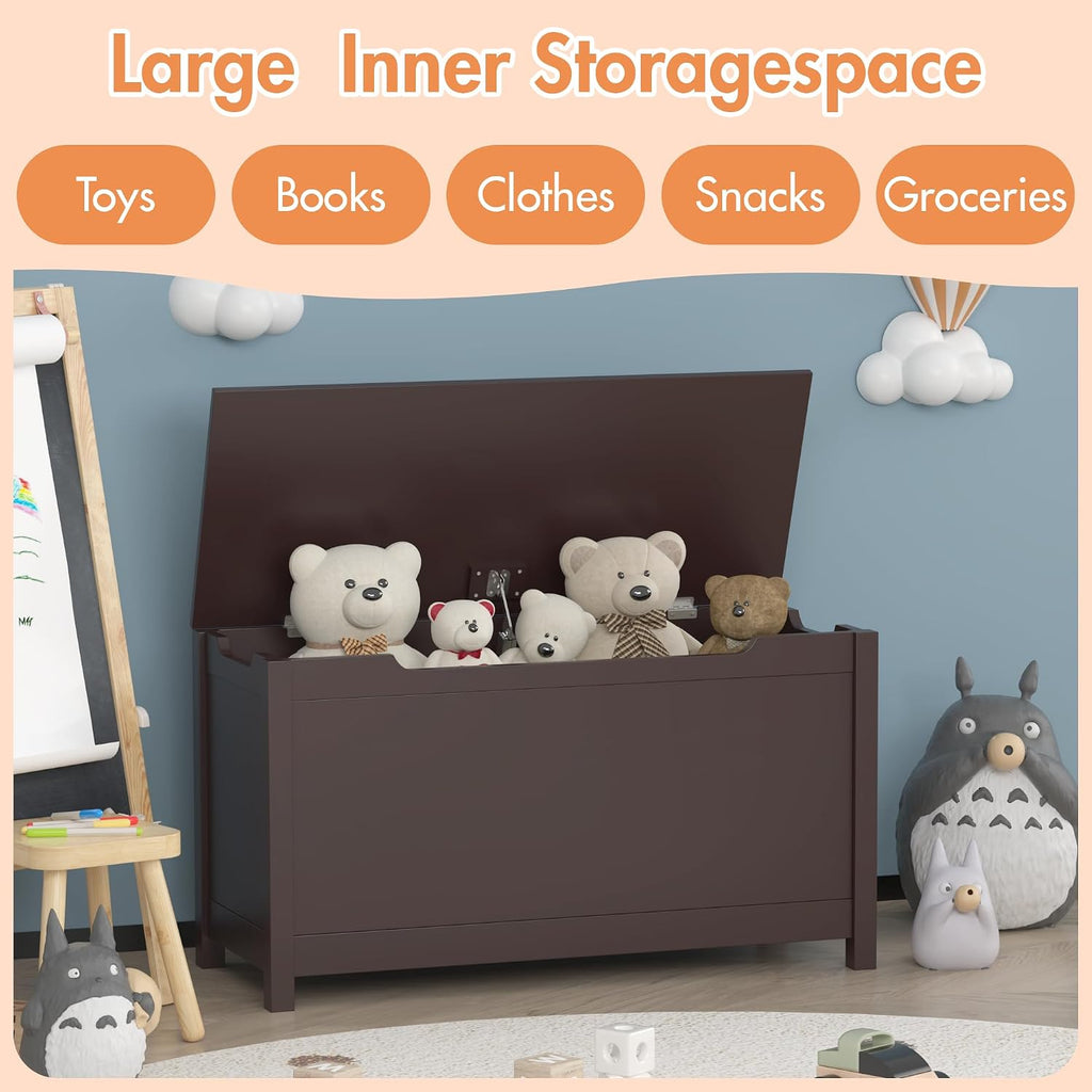 Kids Wooden Toy Chest with Safety Hinged Lid, 2.7 Cubic Feet Large Toy Box Storage Bench, Sturdy Toy Box Bedroom