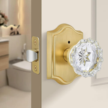 Modern Gold Interior Crystal Door Knob with Lock (No Key), Privacy Glass Door Knob or Closet, Satin Brass
