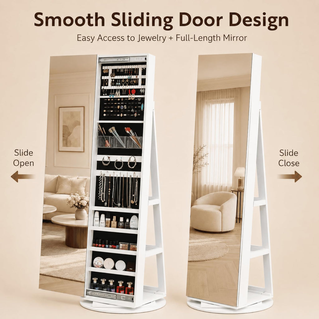 360° Swivel Jewelry Armoire with Full-Length Mirror and Sliding Door, Standing Jewelry Cabinet with 3 Rear Shelves