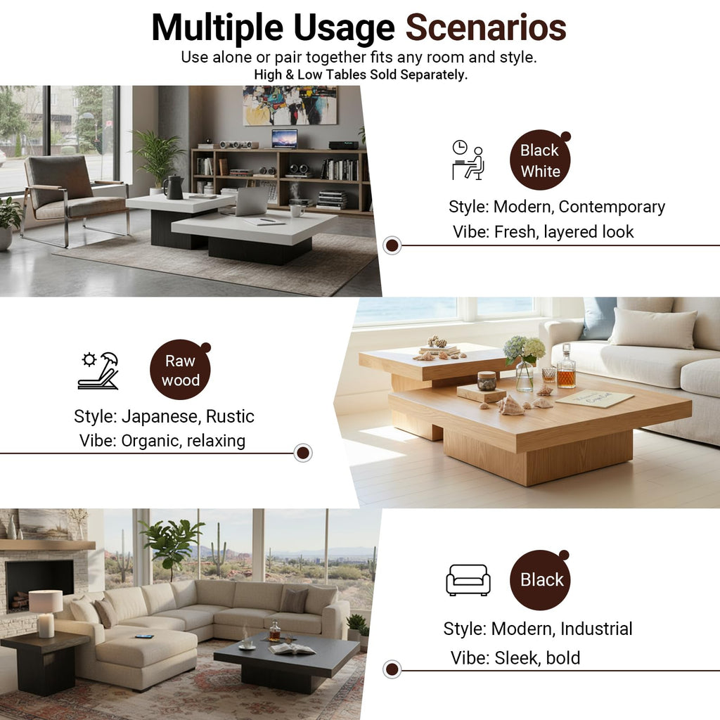 Coffee Table Modern Rustic Square Center Table with Wooden Legs, 1.6" Thick Tabletop, Low Profile Accent End Side