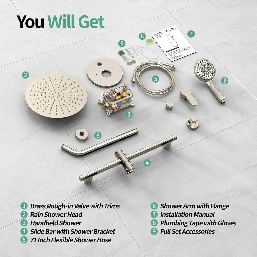 12" Shower Faucet Set with Shower Slide Bar,Brushed Nickel