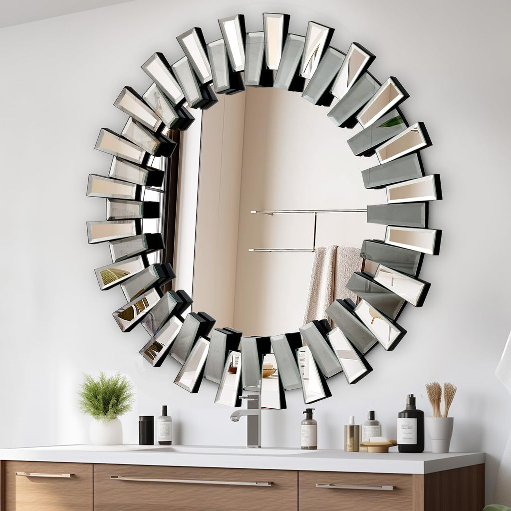 32" x32" Round Sunburst Wall Mirror, Frameless Beveled Edge