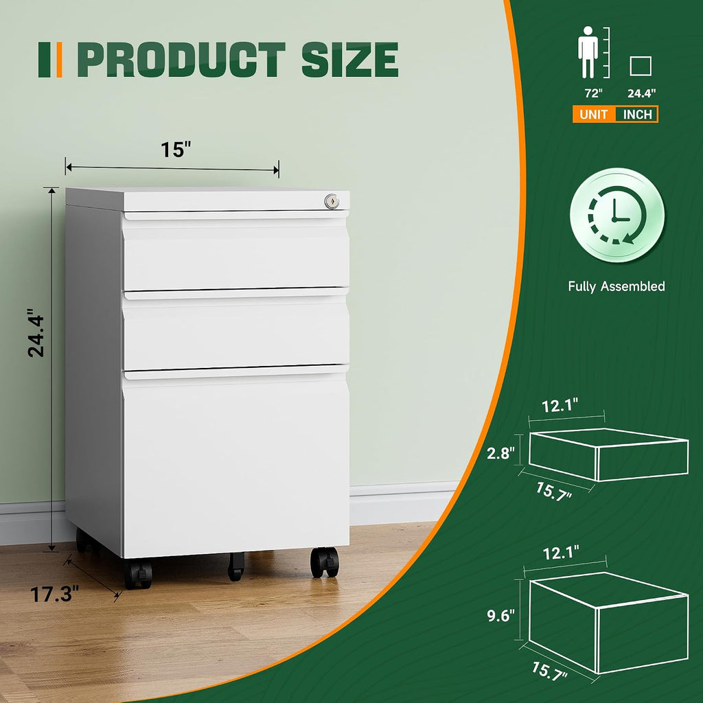 3 Drawer Mobile File Cabinet with Lock, Under Desk Metal Filing Cabinets Organizer Letters/Legal/A4(Fully
