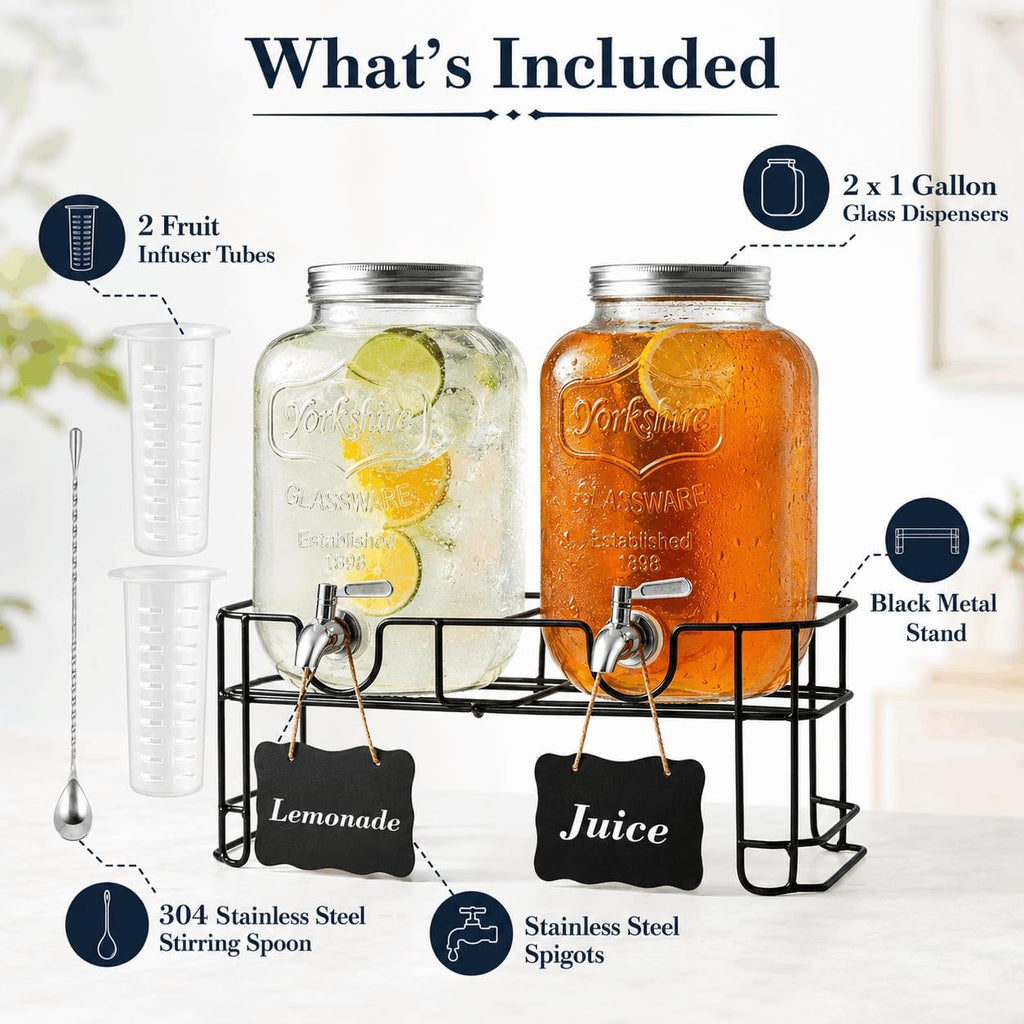 2-Pack 1-Gallon with Heavy-Duty Wire Stand - 304 Stainless Steel Spigot & Mixing Spoon - 100% Leakproof Mason Jar - Set of 2