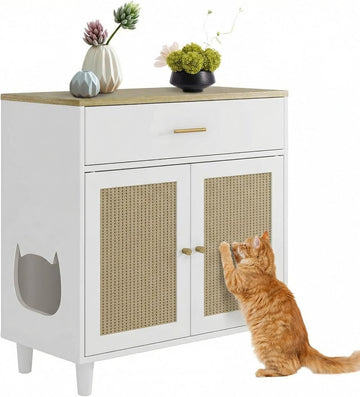 Cat Litter Box Enclosure with PE Rattan Decor Doors - Hidden Pet Storage Cabinet with Wood Feet & Scratching Pad