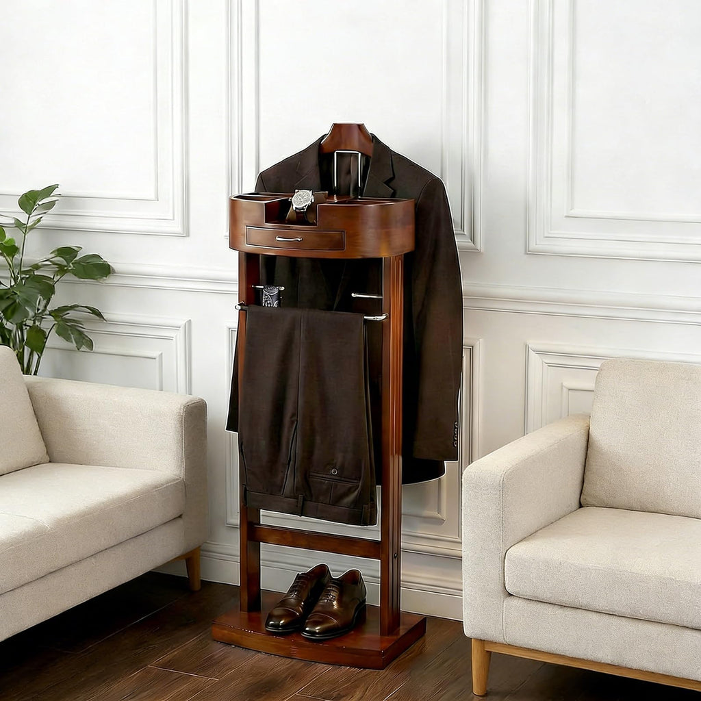 Wooden Valet Stand for Men and Women, Freestanding Suit Organizer with Drawer, Tray & Trouser Bar, Clothes Valet