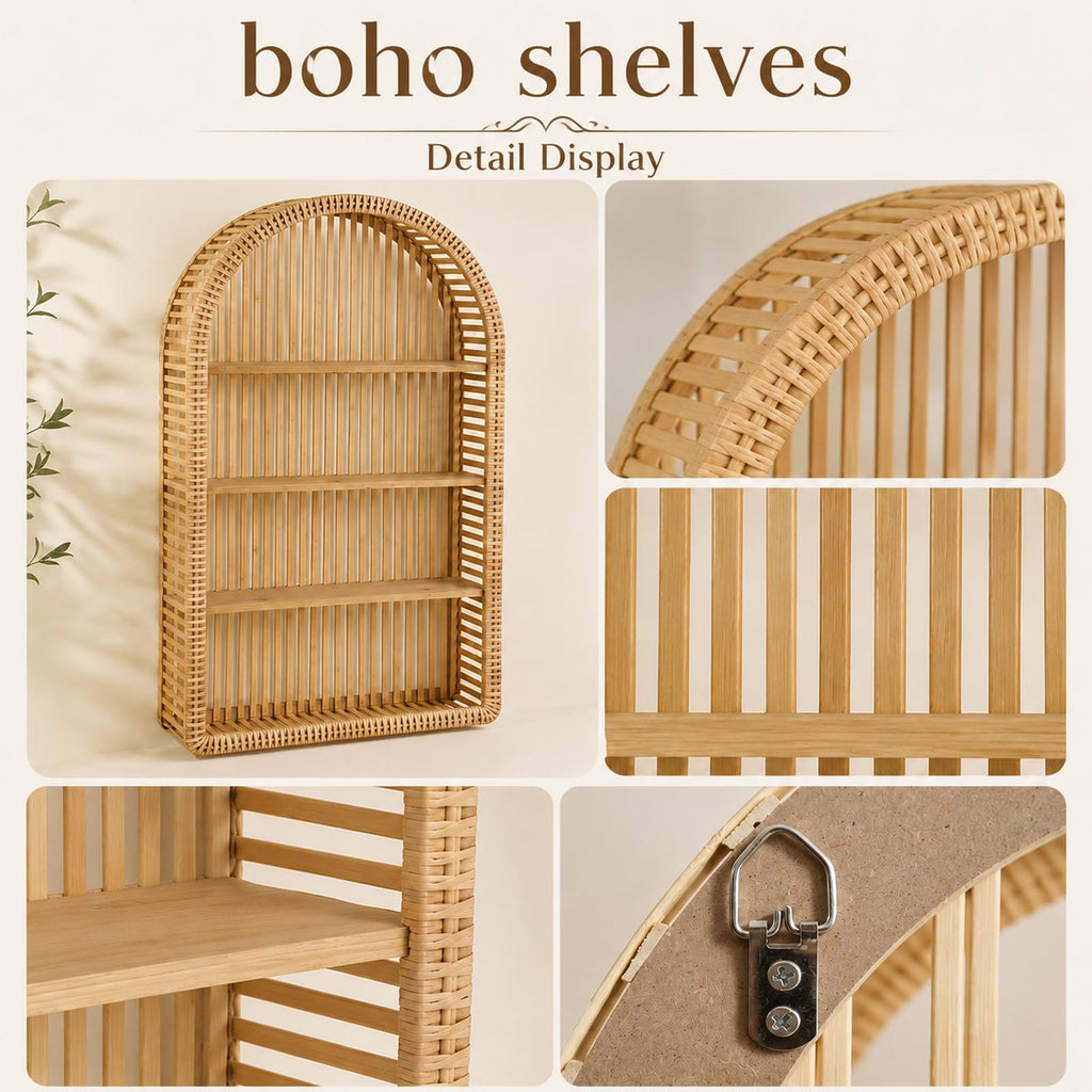 Rattan Wall Shelf 4 Tier Boho Wall Shelf, Arched Decorative Wall Shelf Set