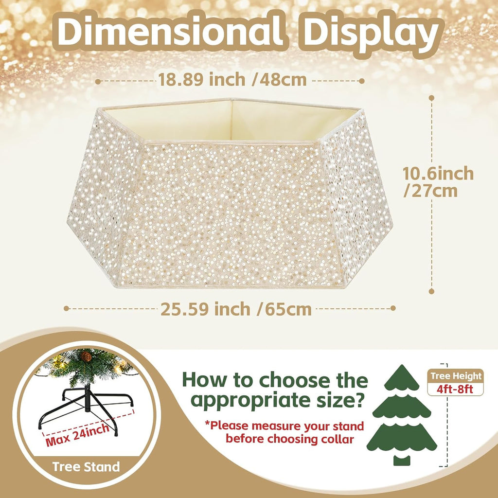 Sequin Christmas Tree Ring Collar Collapsible 25.59 Inch Champagne Gold Tree Skirt Velvet Tree Stand Cover for Xmas