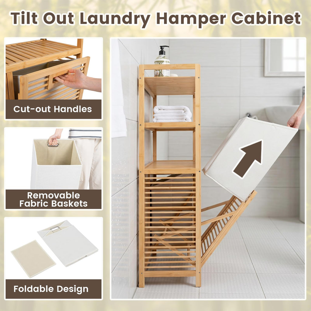Bamboo Double Tilt Out Laundry Hamper Cabinet with Shelves