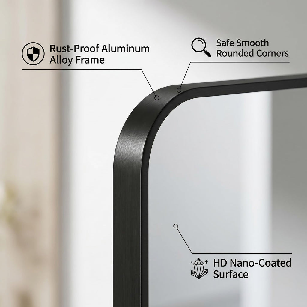 Bathroom Mirror, 30X36 Inch Black Metal Framed Mirror, Tempered Glass, Anti-Rust, Rounded Rectangle Mirror for
