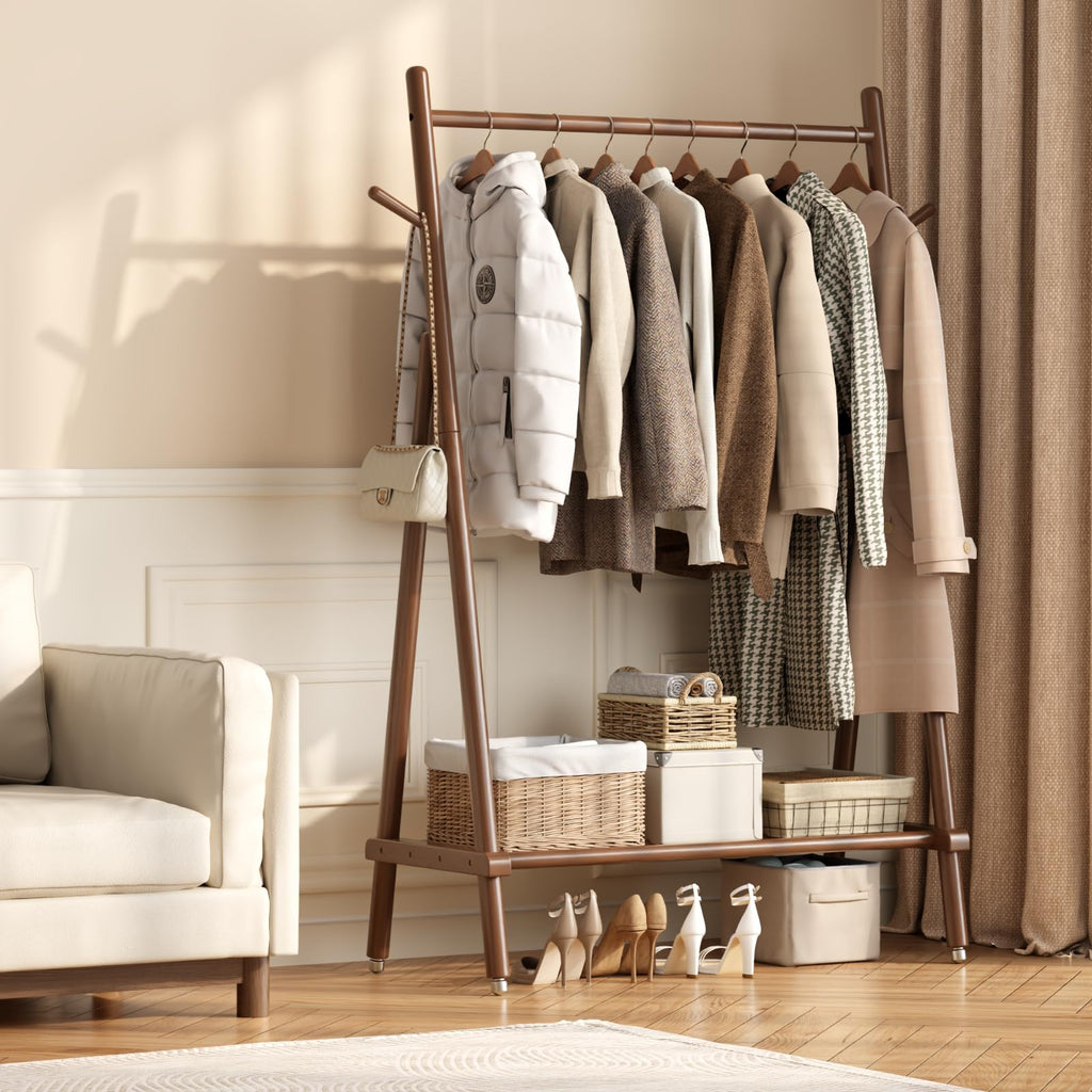 Solid Wood Clothing Rack On Wheels for Hanging Clothes, Walnut