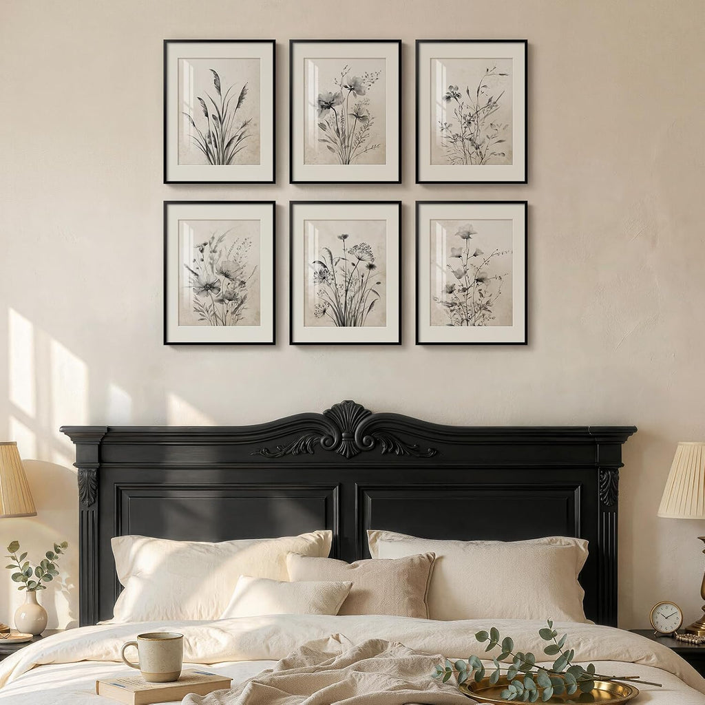 Framed Boho Vintage Botanical Wall Art, Set of 6 Black and White Floral Canvas Painting Prints with Mat for Farmhouse