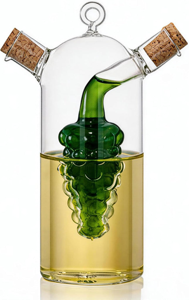 Grape Motif 2 in 1 Glass Oil and Vinegar Cruets,Dual Chamber Bottle