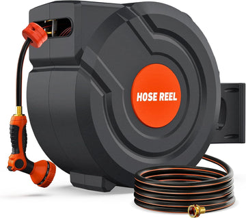 100FT Retractable Garden Hose Reel 5/8 Inch Heavy Duty Wall Mounted Retractable Hose Reel with 9-Pattern Nozzle, 180°
