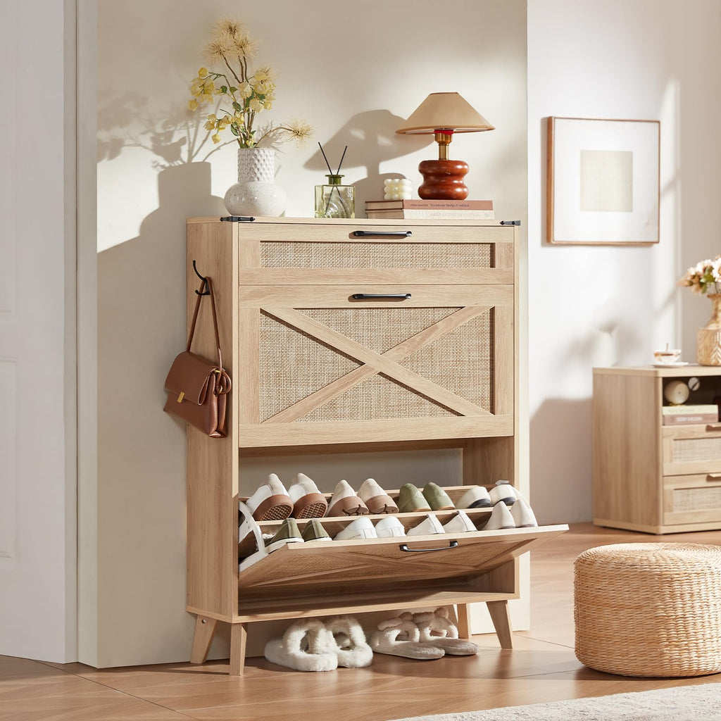 Rattan Shoe Cabinet Storage With 2 Flip Drawers