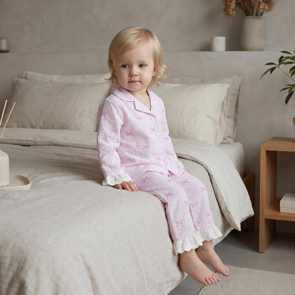 Baby Girl Pajamas Set Bow Long Sleeve Button Down Shirt Top Pants Kids Toddler Two Piece Pjs Set Sleepwear Fall Winter