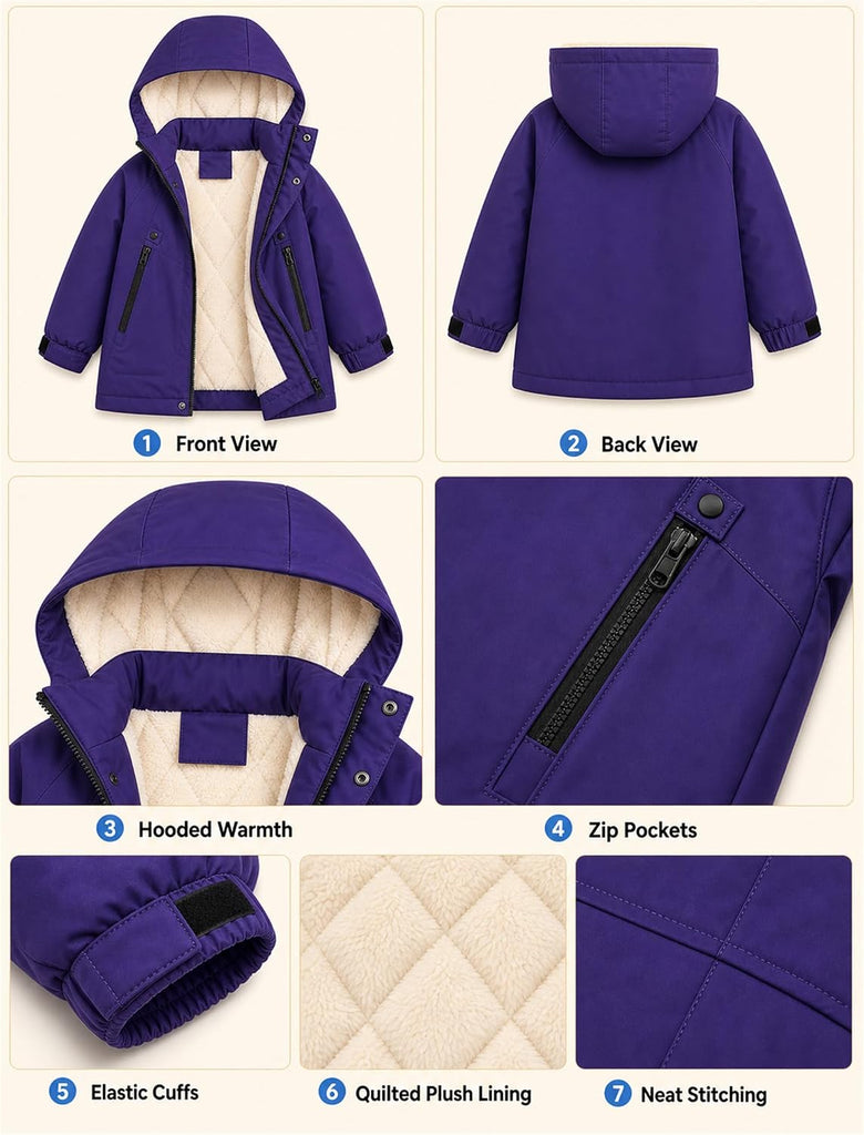 Kids Fleece-Lined Winter Coat Boys Girls Water-Resistant Jacket