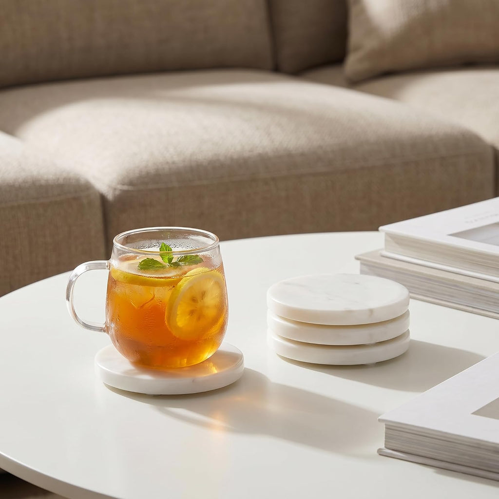Marble Coasters, 4-inch Round Natural Stone Drink Coasters with Non-Slip Backing, Heat Resistant Coaster - Set of 4