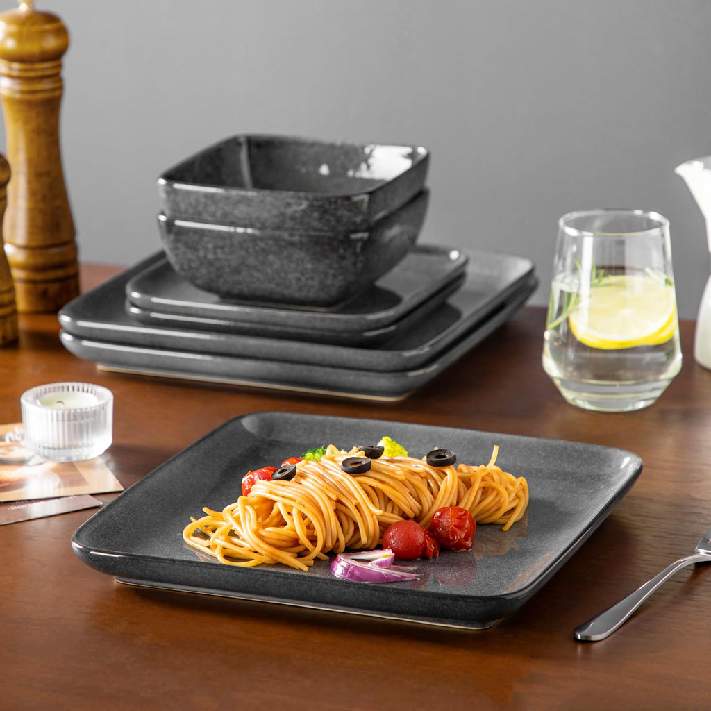 Square Reactive Glaze Stoneware Dinnerware Set, 12-Piece Dish Set