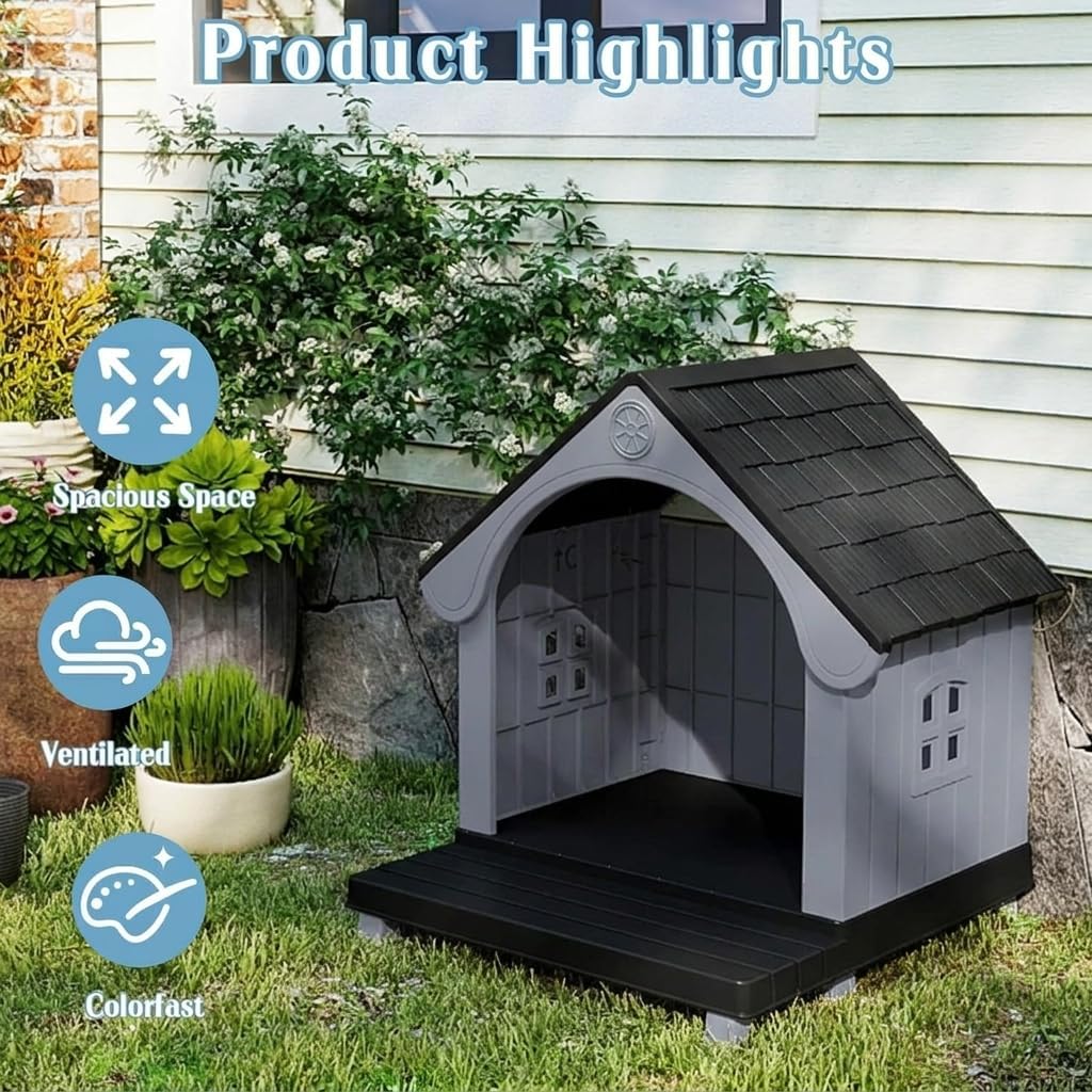 Large Dog House Outdoor, Plastic Weatherproof Dog House with Elevated Floor and Open Front, Easy to Clean & Assemble