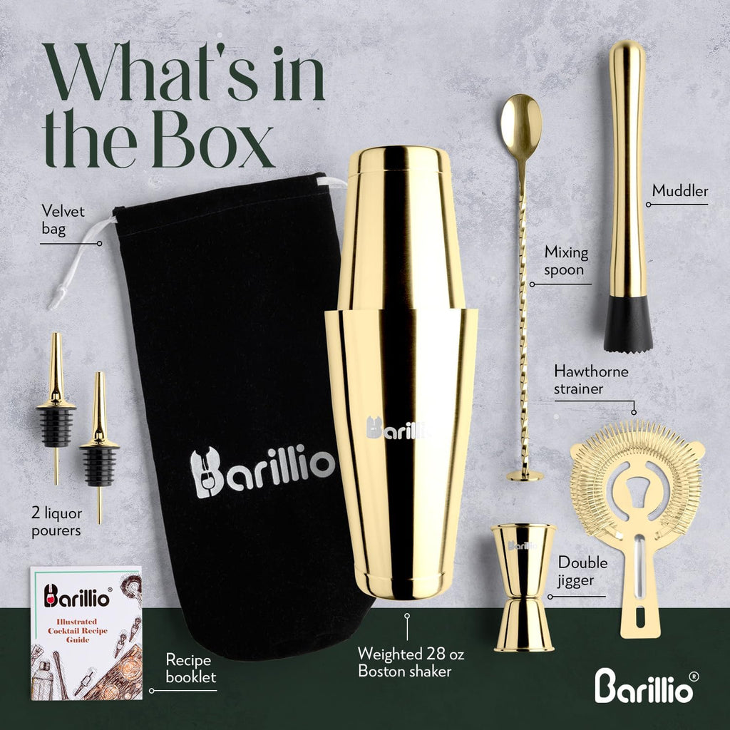 Gold Boston Shaker Set - Stainless-Steel, Weighted Martini Cocktail Shaker Set w/Strainer & Drink Mixer - Mixology - Set of 9