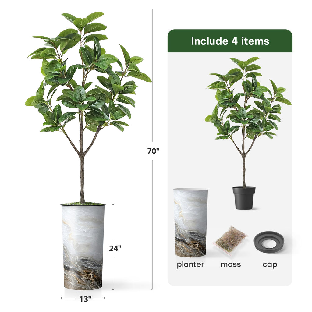 Tree in Modern Granite Effect Planter, Fake Magnolia Tree for Indoor and Outdoor Home Decoration - 70" Overall Tall