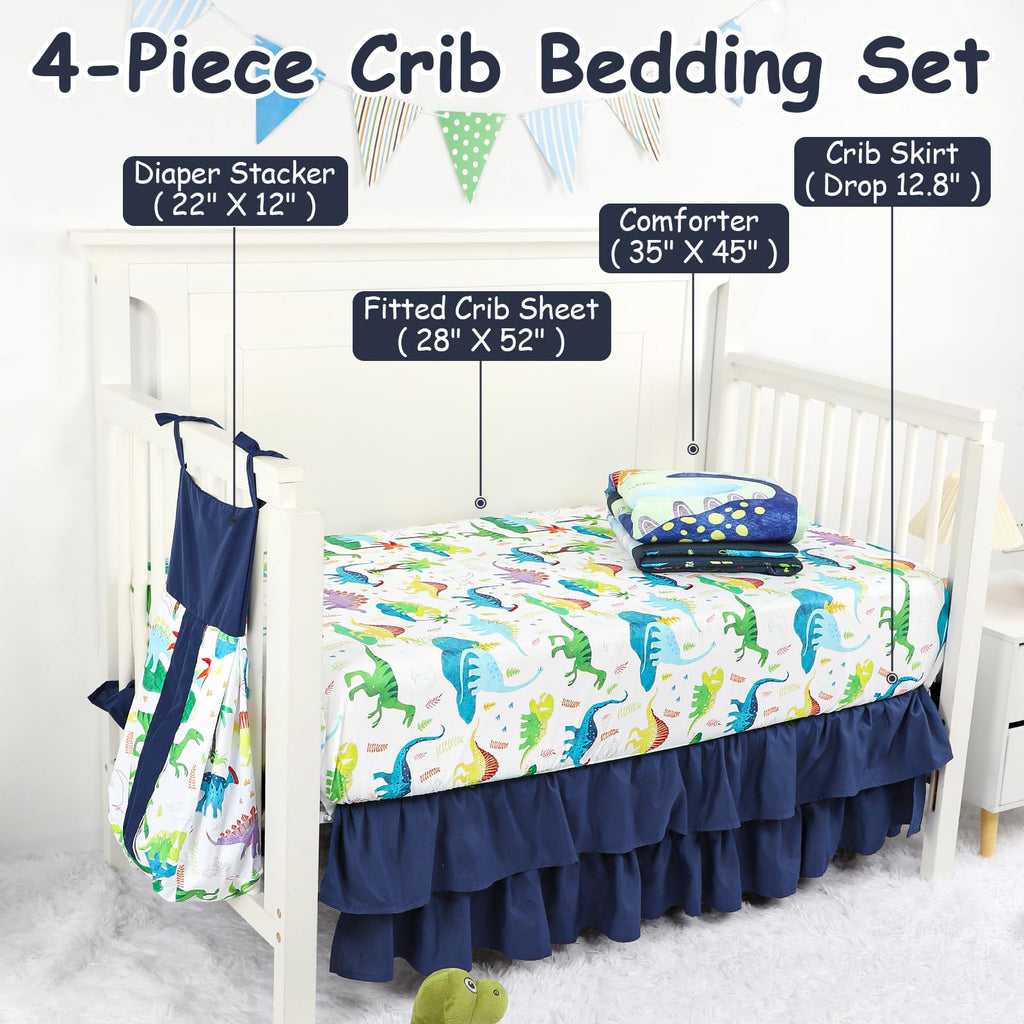 Crib Bedding Set for Baby Girls and Boys, 4 Piece Infant Nursery Bedding Sets, Baby Comforter Set for Crib, Dinosaur