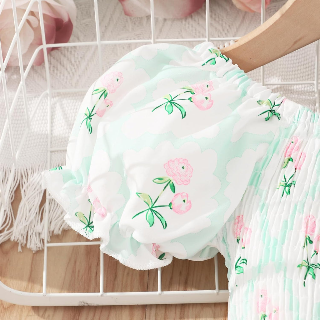 Toddler Baby Girls Summer Floral Dress Kids Puff Sleeve Square Neck Smocked Flowy Sun Dresses