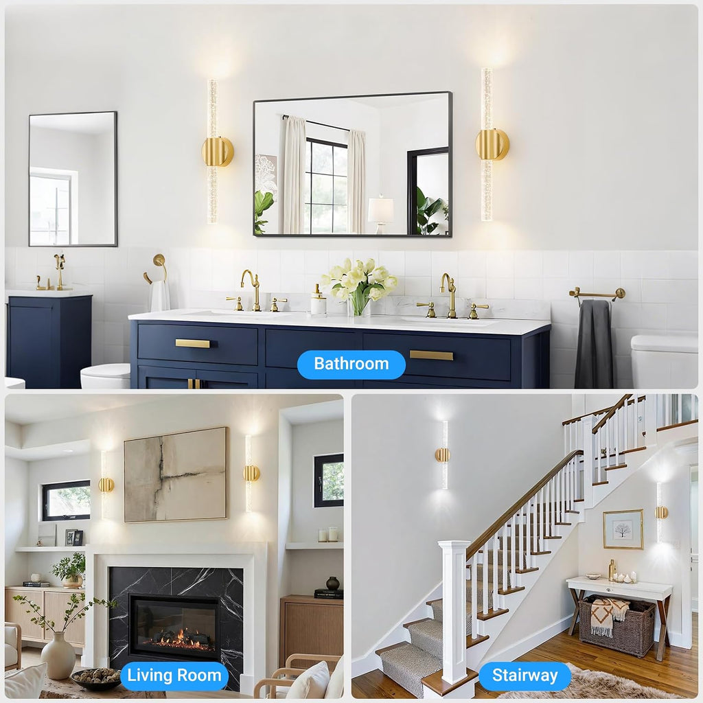 Peel and Stick on Gold Battery Operated Wall Sconces Set of 2, Rechargeable Magnetic Linear Wall Lights for Bedroom