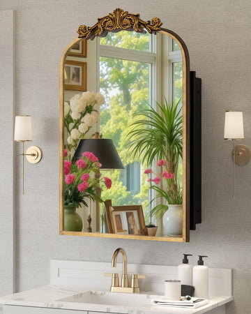 20"x30" Vintage Bathroom Medicine Cabinet with Mirror, Retro Hand-Painted Flower Art Decor, Arched Aluminum Frame