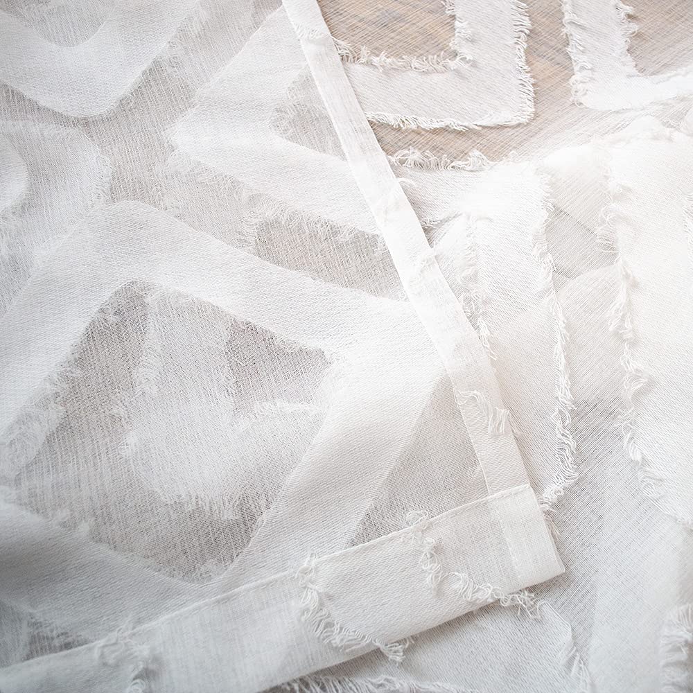 Shaggy Sheer White Curtains 84 inches Long, Diamond Patterned White Drapes Geometric Faux Linen Sheer Curtains