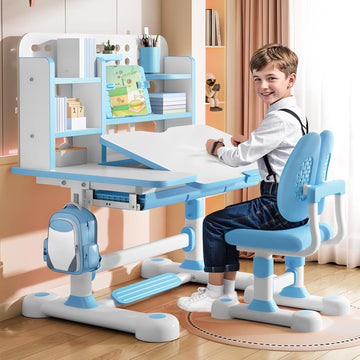 Kids Desk and Chair Set - Height Adjustable Children's Desks with Tilt Desktop, Art Desk with Storage Drawer and Book