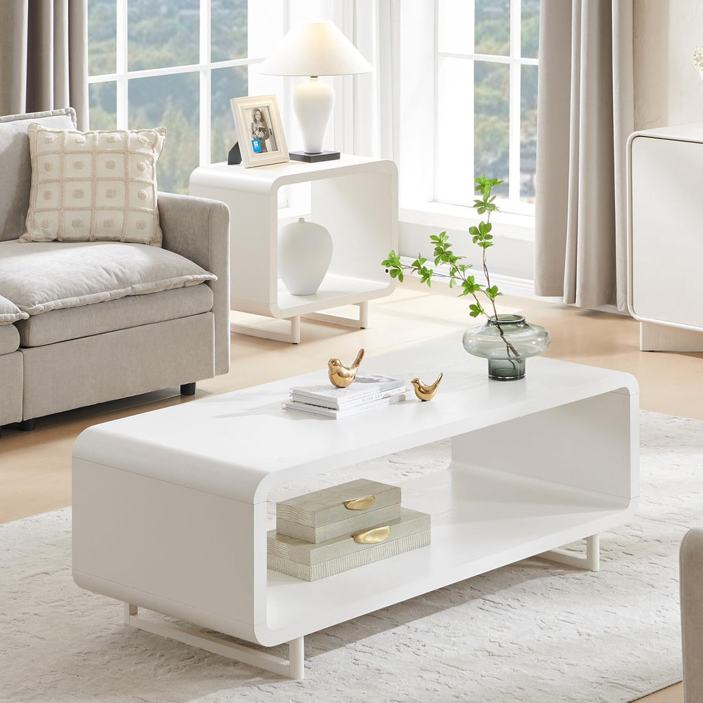 48" Modern Coffee Table, 2-Tier Minimalist Curved Center Table, White