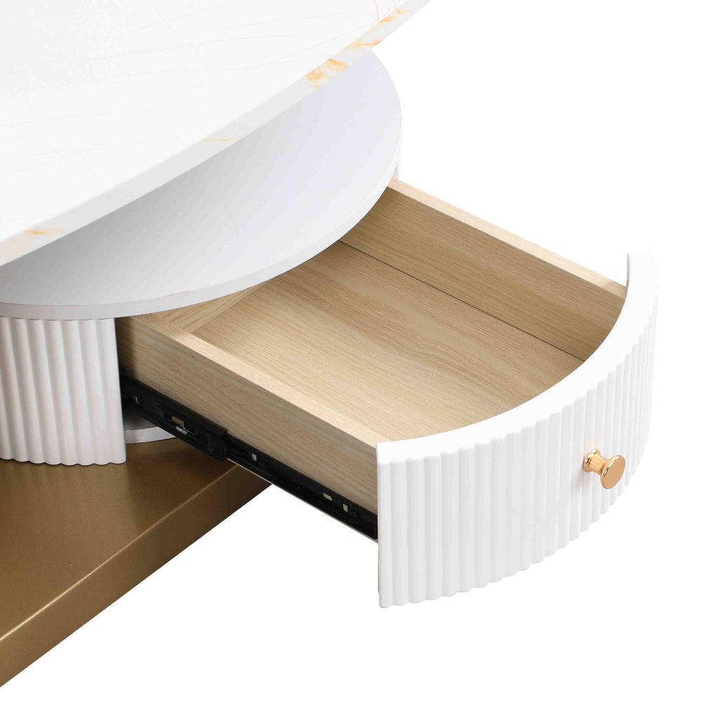 2 Piece Nesting Coffee Set, Oval Coffee with Storage Drawer, Small Round End Side, White Faux Marble Tabletop with