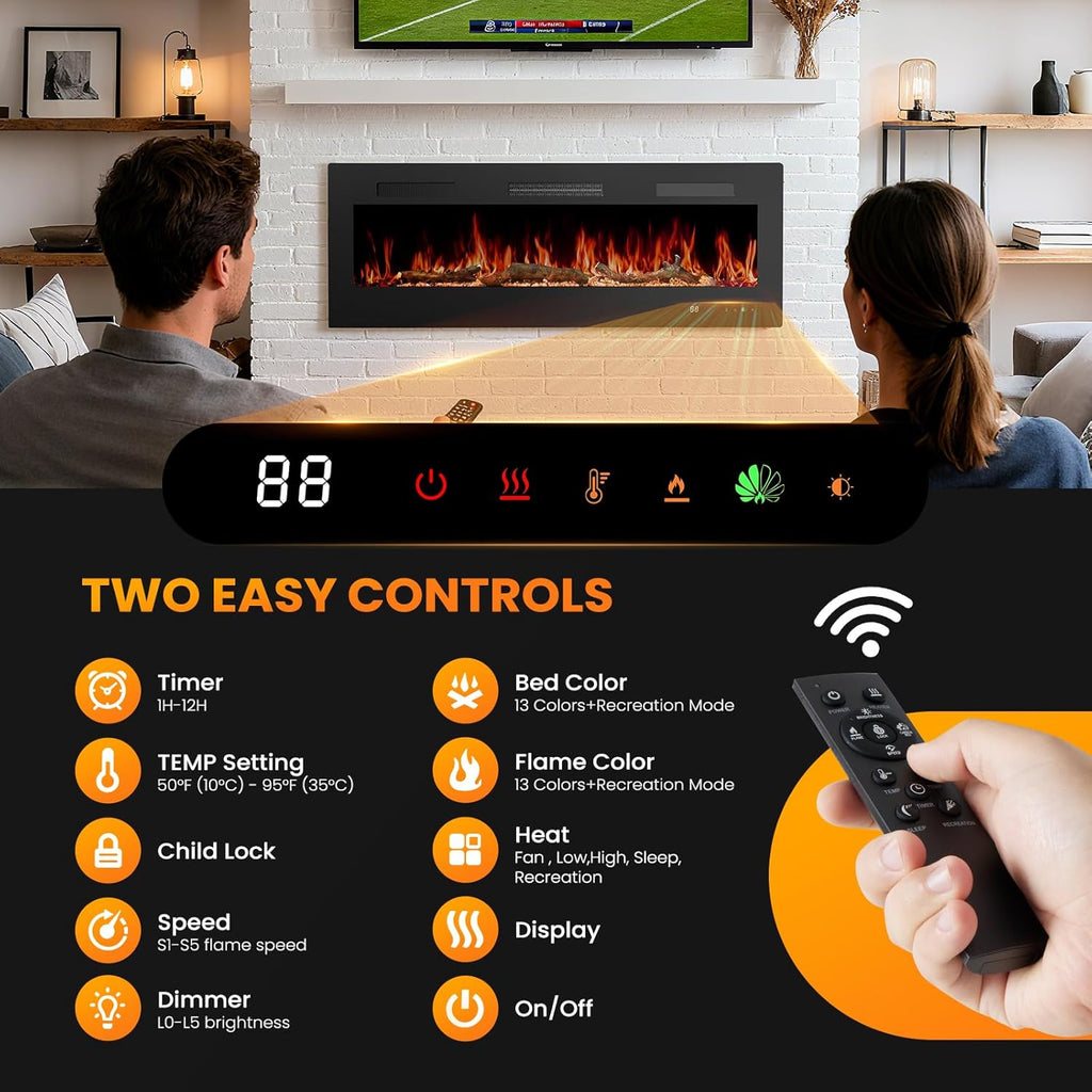 Electric Fireplace 50 Inch, Recessed Wall Mounted and Free Standing Fireplace Heater with Remote Control