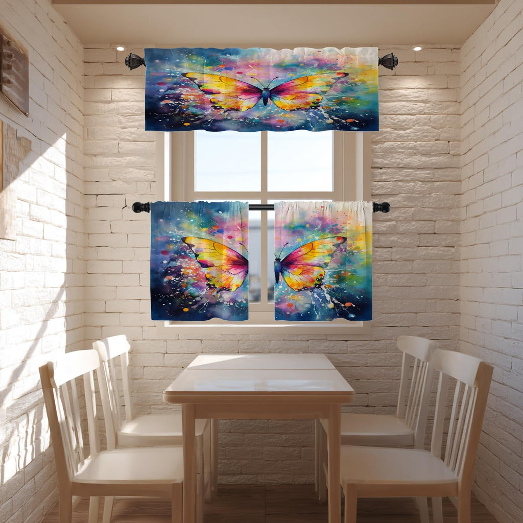 Butterfly Colors Blackout Kitchen Curtain, Colorful Butterfly in Flight Window Treatment Rod Pocket Light Filtering