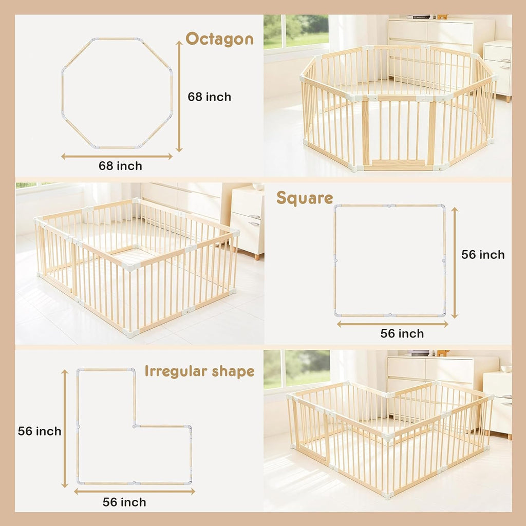 Baby Playpen, Wooden Play Yard with Gate, Playpen for Babies and Toddlers, Baby Activity Center with Child-Proof