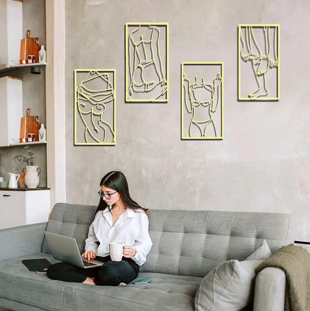 4-Piece Abstract Line Metal Wall Art Print Decor Line Drawing Home Hanging Wall Art Bedroom Wall (Gold) - Set of 4