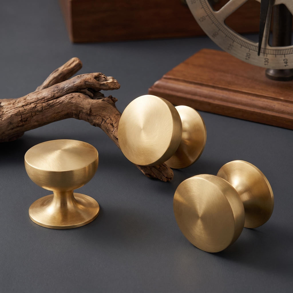 Solid Brass Cabinet Knobs with Wide Base, 1-1/8 Inch Brushed Gold Drawer Knobs, 4 Pack Round Dresser Knobs Cabinets