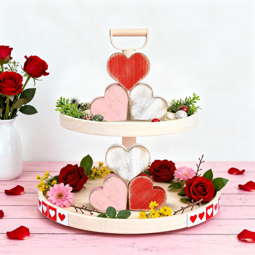Wooden Valentine's Day Hearts Decorations Indoor, Wood Heart Blocks Tiered Tray Decor, Red Pink White - Set of 6