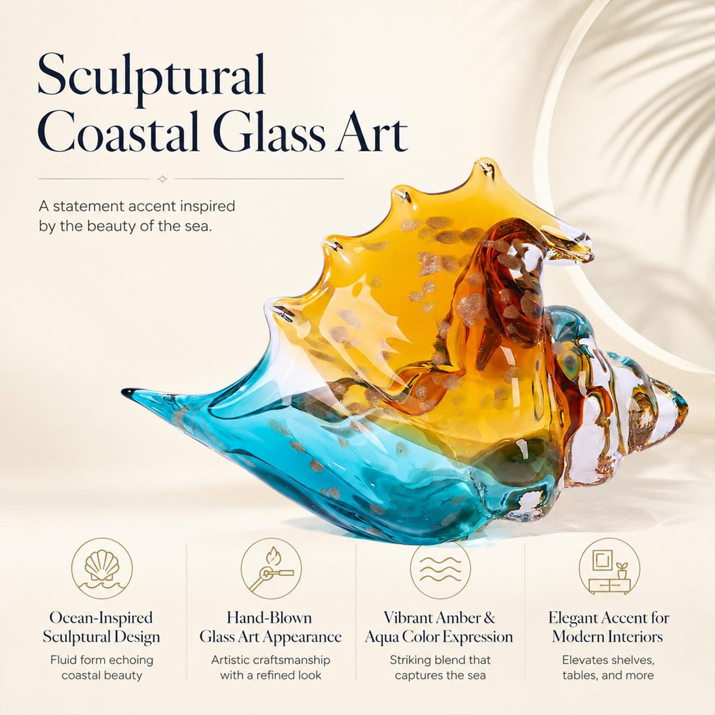 Sea Glass Art Figurines Hand Blown Conch Shell Sculpture, Coastal Art Decor