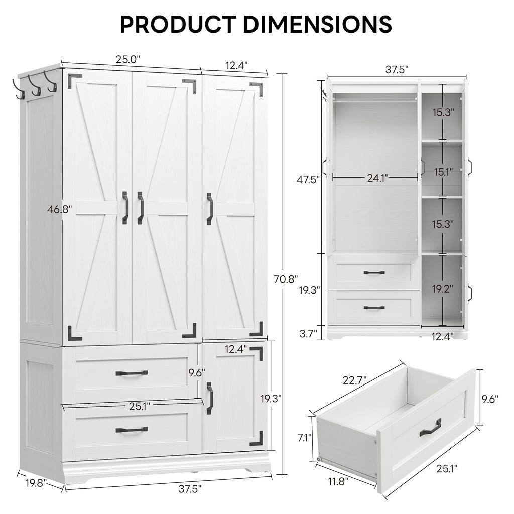 Armoire Wardrobe Closet 71" with 4 Doors & 2 Drawers, White